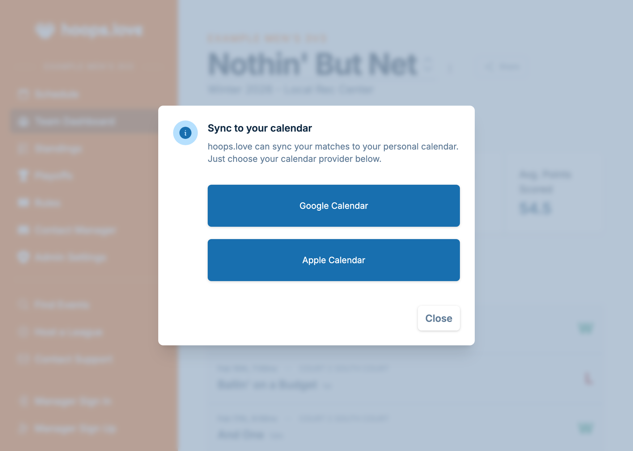 A screenshot showing the options of subscribing to a team calendar, which allows syncing to Google Calendar and Apple Calendar