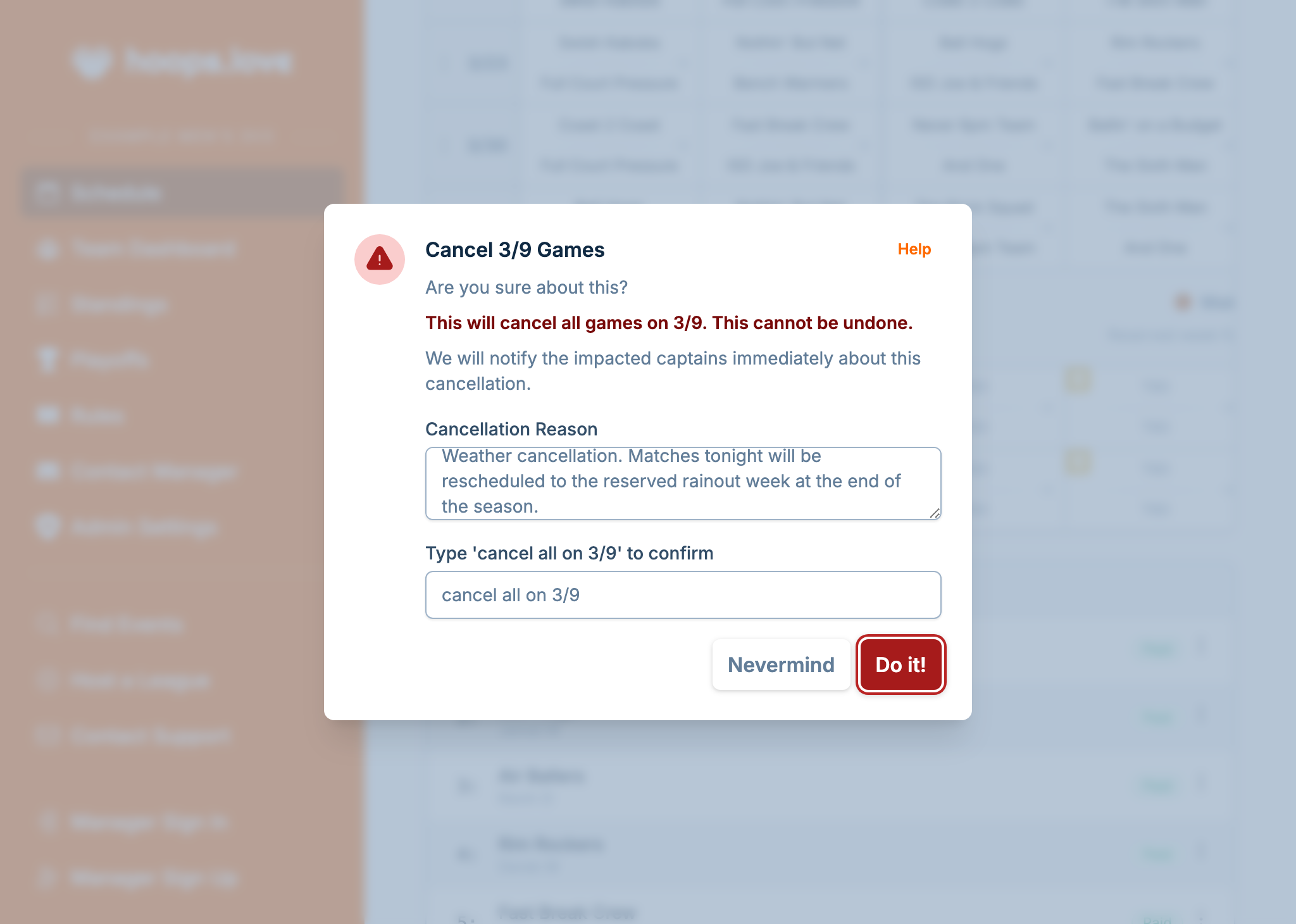 A screenshot showing the game cancellation dialog, where the manager has decided to cancel games and is providing a message to send to captains