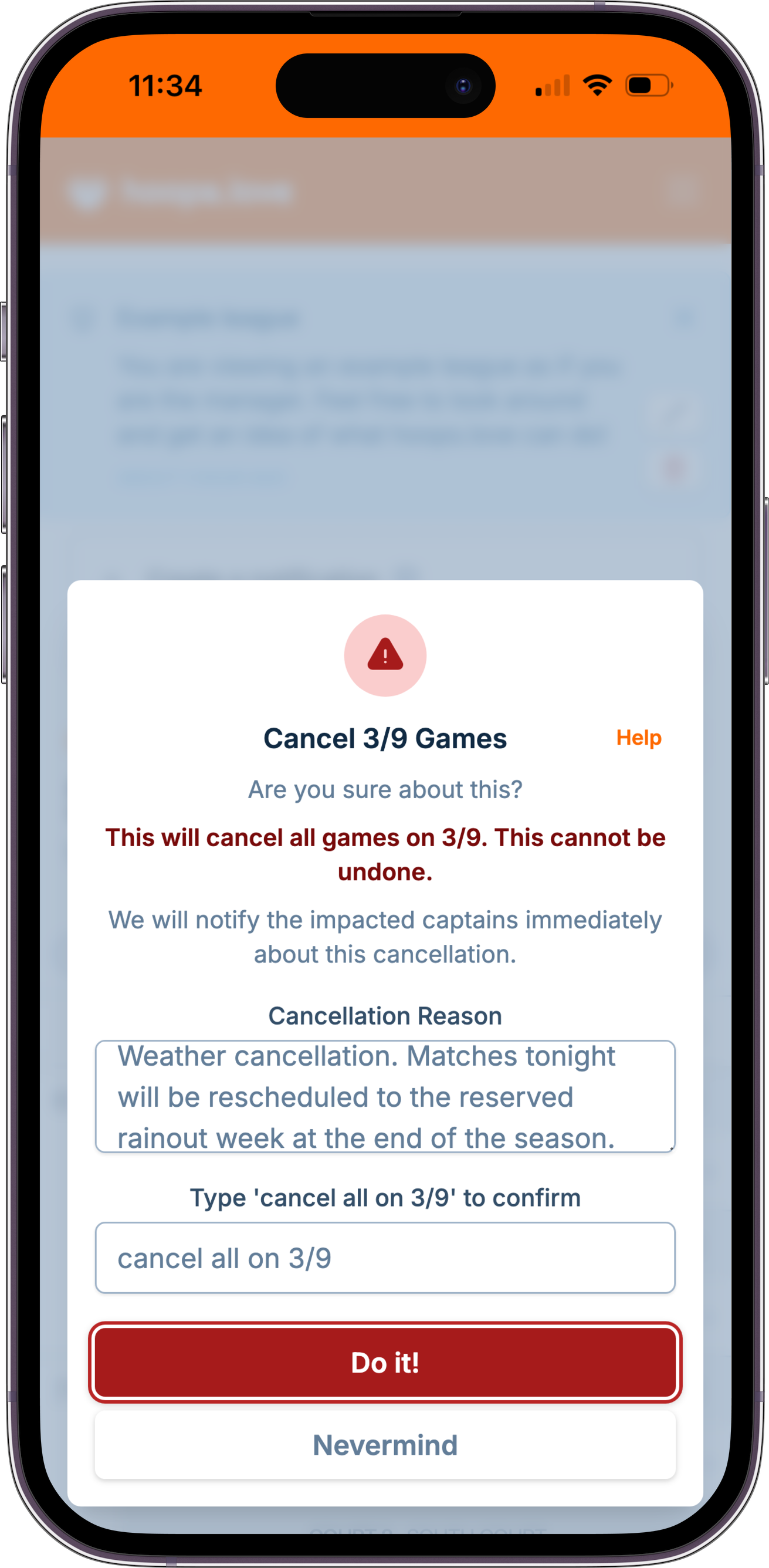 A screenshot showing the game cancellation dialog, where the manager has decided to cancel games and is providing a message to send to captains