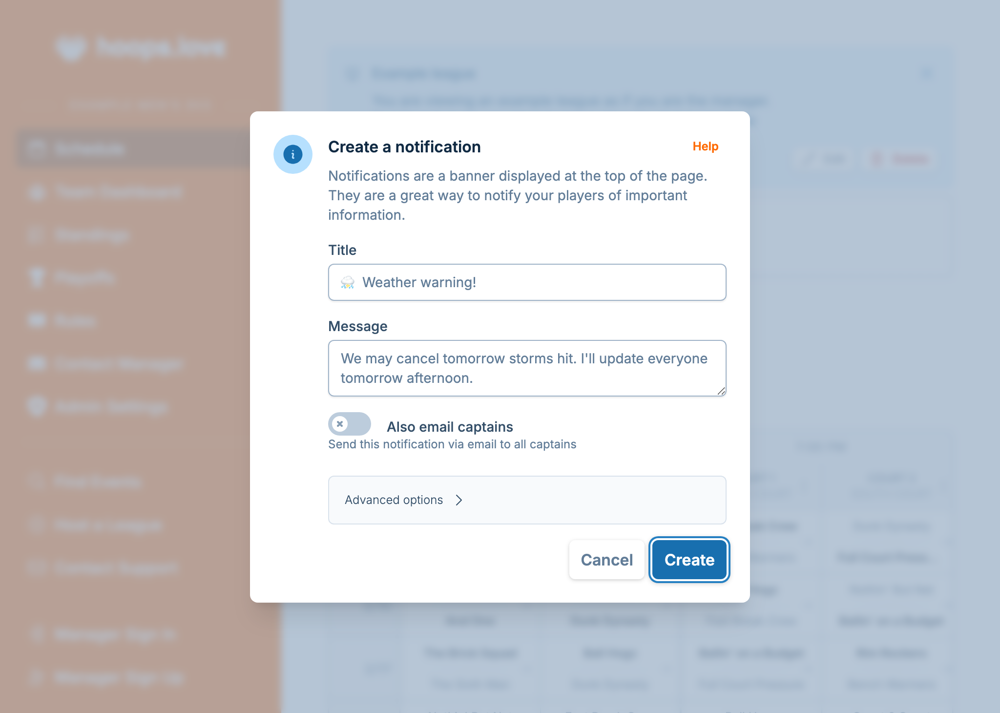 A screenshot showing the notification creation form, where a manager is notifying captains games may be canceled if the radar doesn't improve