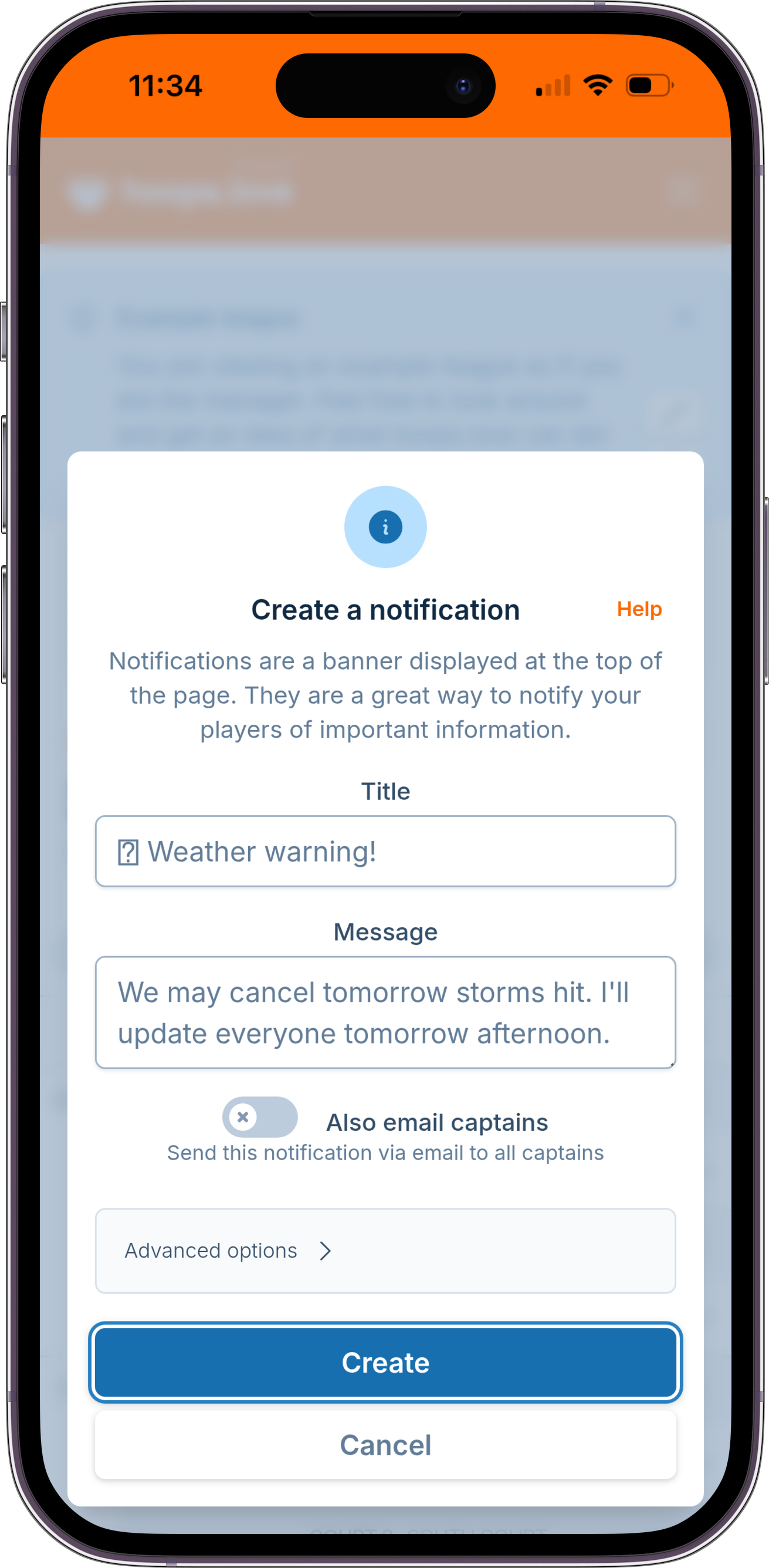 A screenshot showing the notification creation form, where a manager is notifying captains games may be canceled if the radar doesn't improve