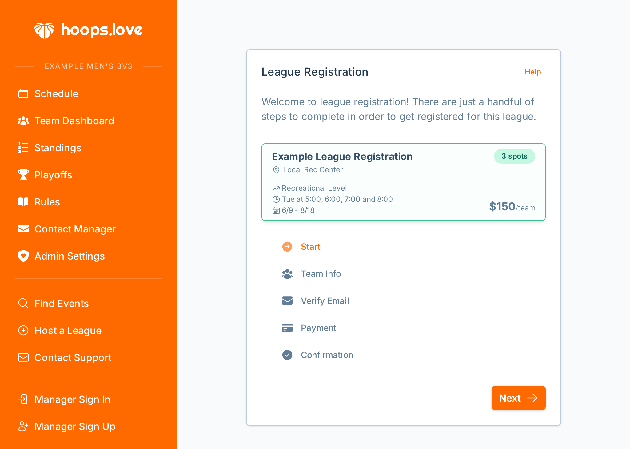 A screenshot of the team registration experience
