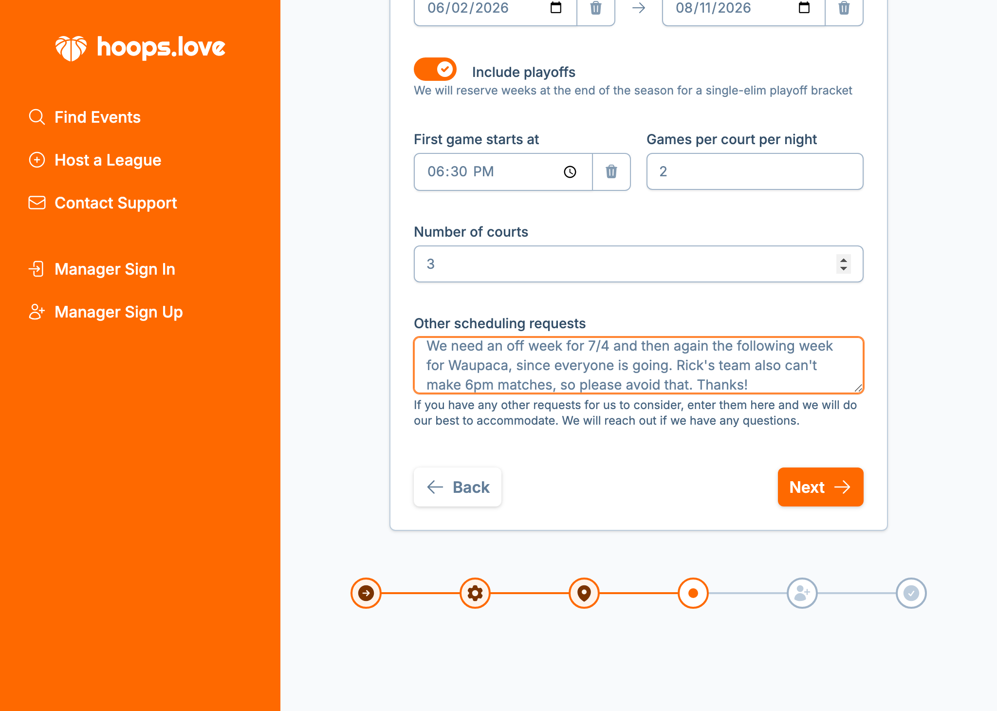 A screenshot of the league creation wizard where a league manager can enter scheduling constraints and preferences