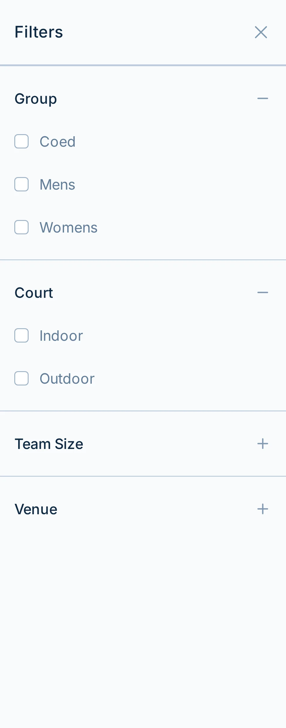Mobile league finder filters in hoops.love, a basketball league search page