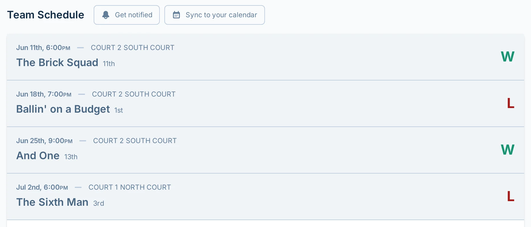 Team schedule section on the hoops.love team dashboard for a basketball league