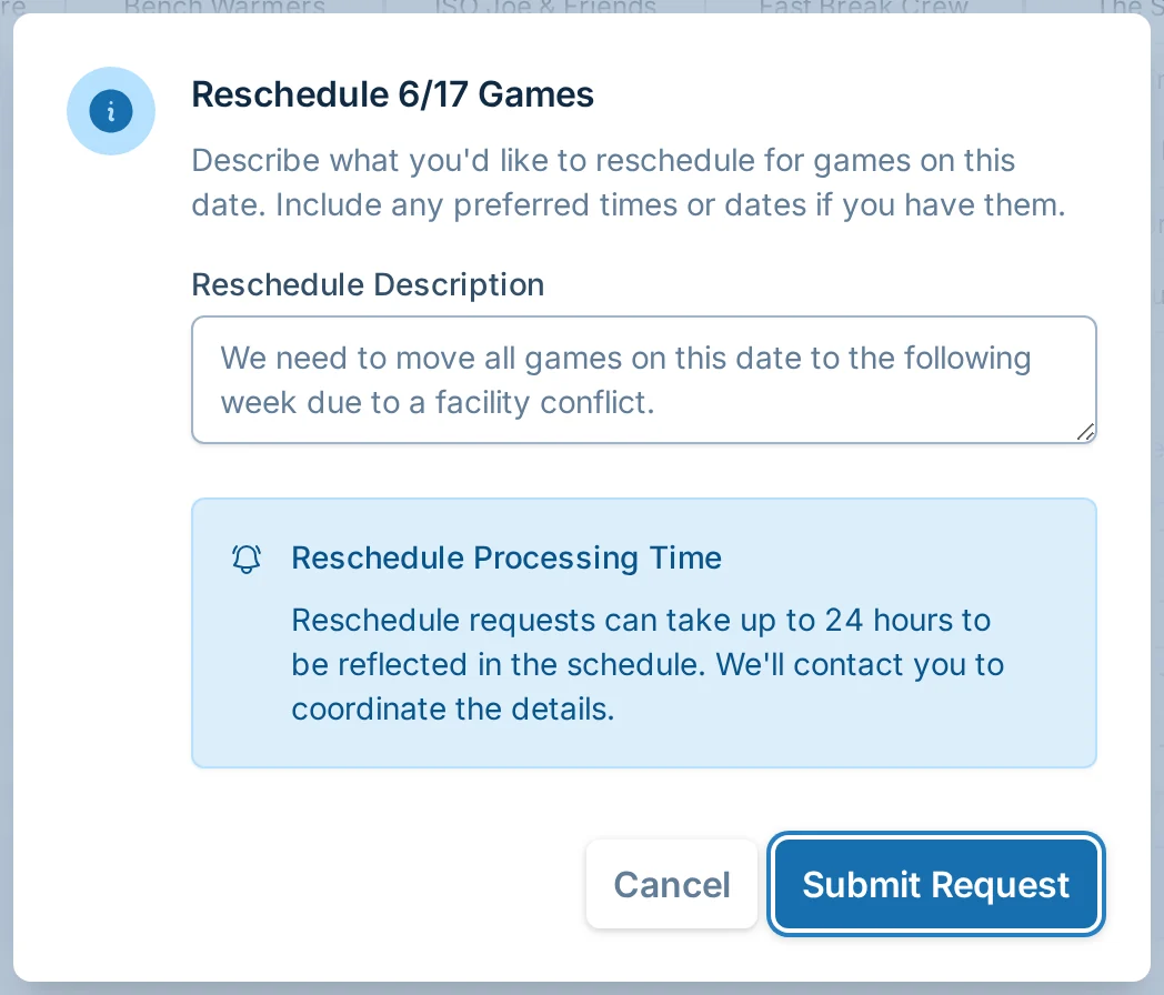 Request all games on one date to be rescheduled in hoops.love, a basketball schedule management app