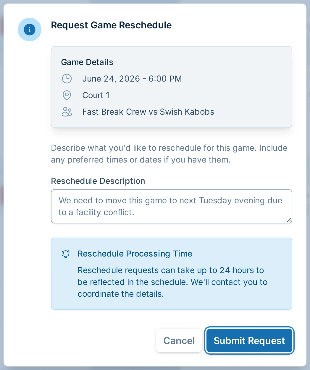 Request game reschedule dialog in hoops.love, a basketball scheduling tool for league managers