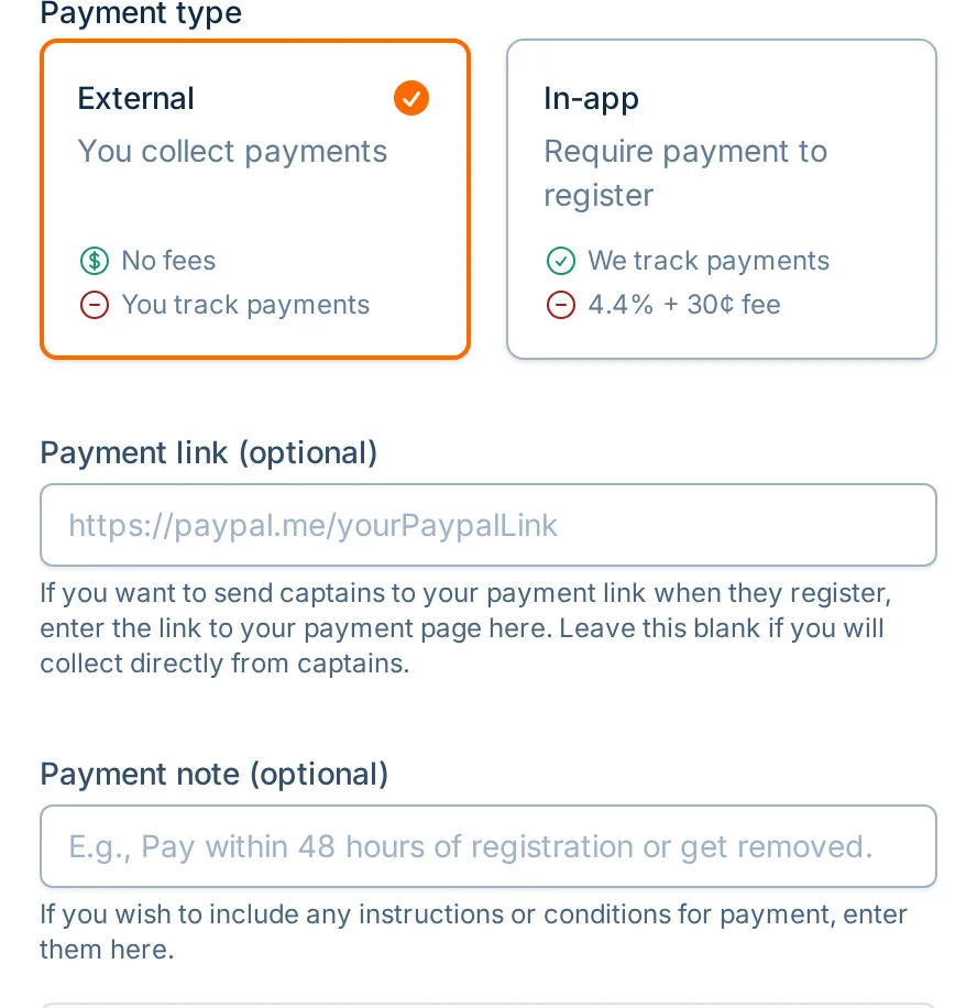 External payment link and note fields in hoops.love, a basketball registration payments settings screen