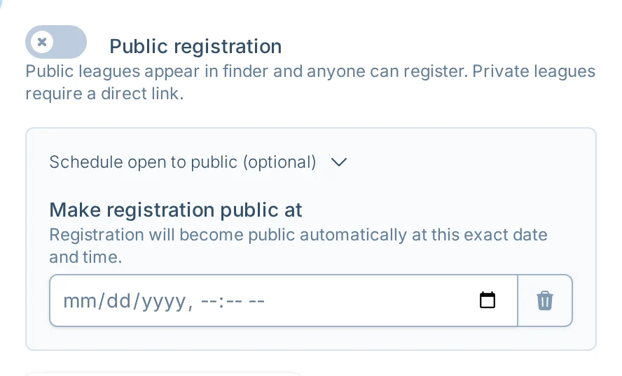 Scheduled public registration controls in hoops.love, a basketball league registration settings screen
