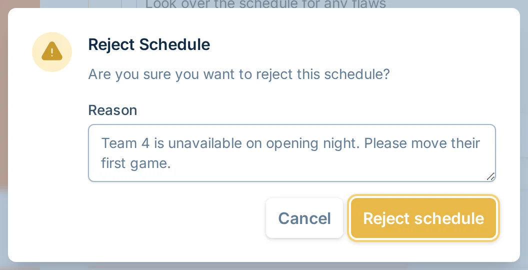 Reject Schedule dialog in hoops.love, a basketball scheduling review tool for league managers