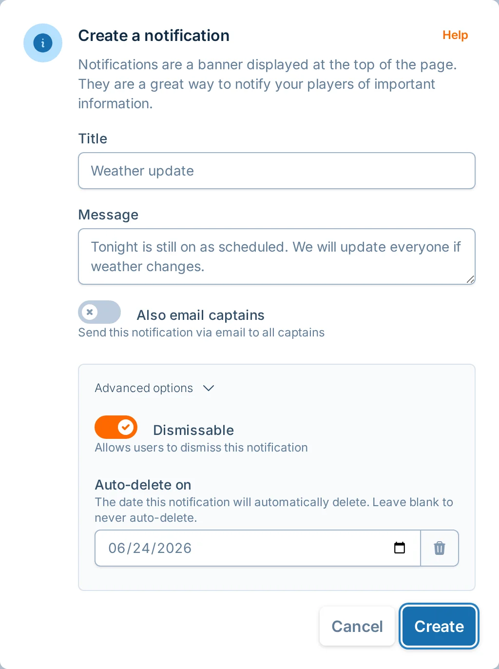 Notification advanced options in hoops.love, a basketball league manager communication tool